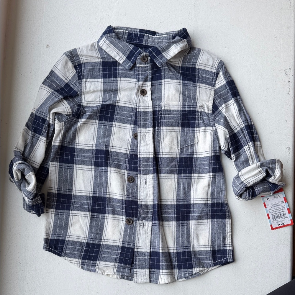 Boys size 4T Cat & Jack Navy and White Plaid Button-Down Shirt NWT